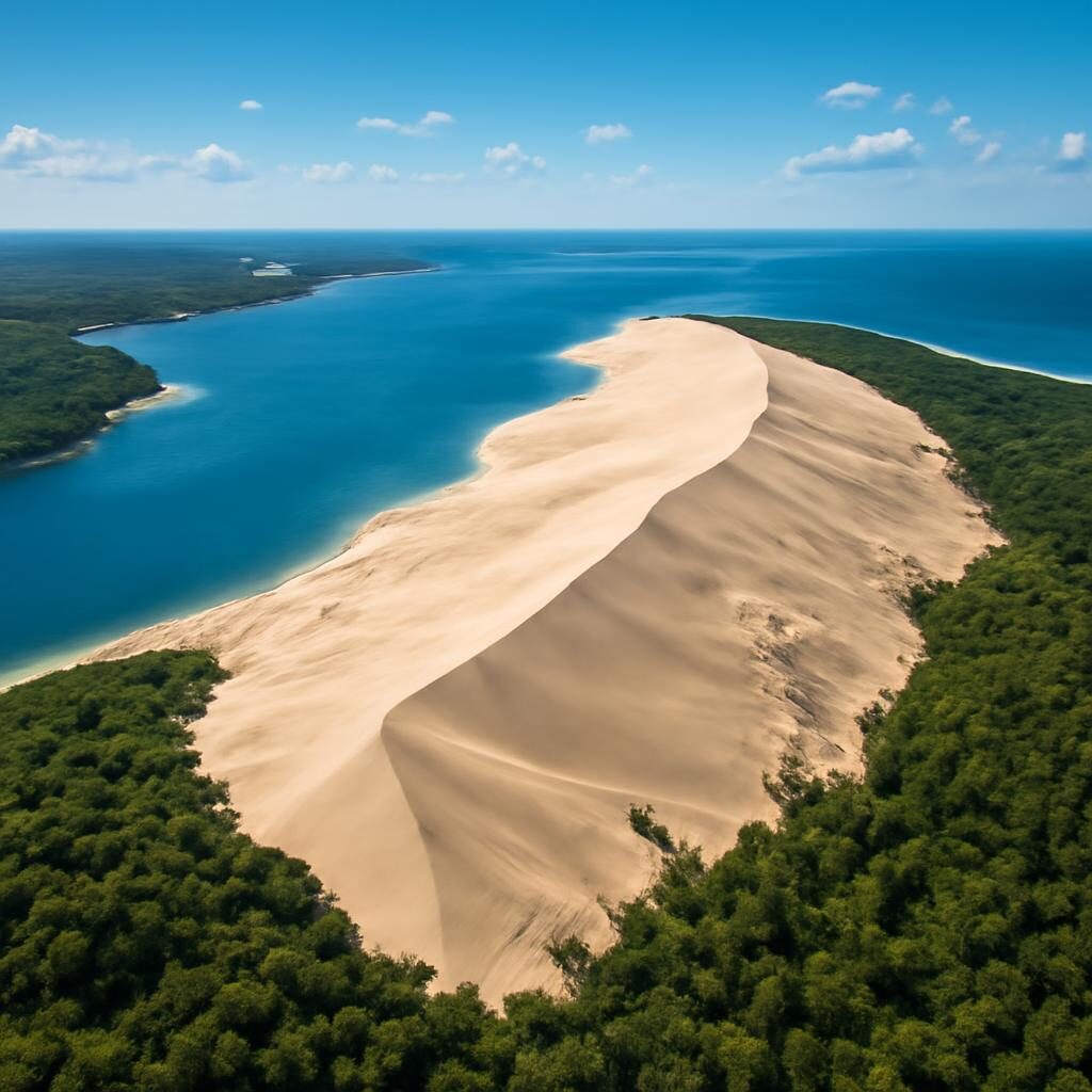Vue aérienne de la Dune du Pilat avec le Bassin d'Arcachon et l'Atlantique en arrière-plan