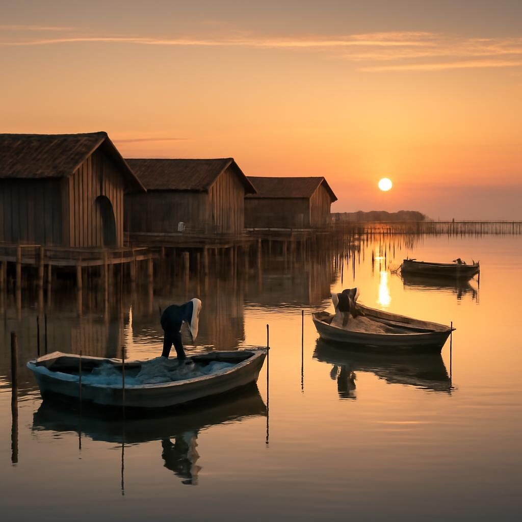 Cabanes ostréicoles et bateaux sur le Bassin d'Arcachon au lever du soleil
