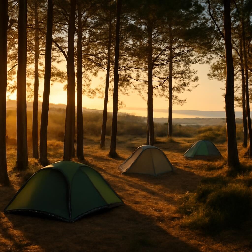 Camping calme en septembre avec quelques tentes sous les pins atlantiques