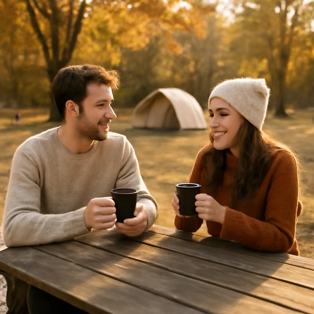 Couple savourant un café au camping en arrière-saison dans une atmosphère paisible