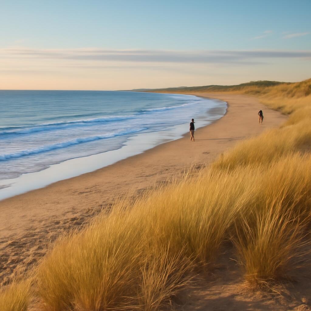 Plage atlantique en septembre, quelques promeneurs sur le sable doré