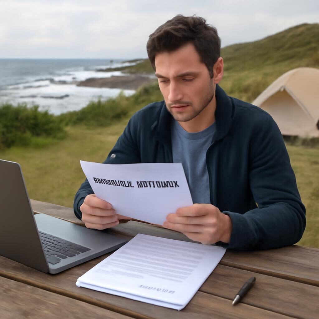 Campeur consultant des documents d'assurance annulation au camping