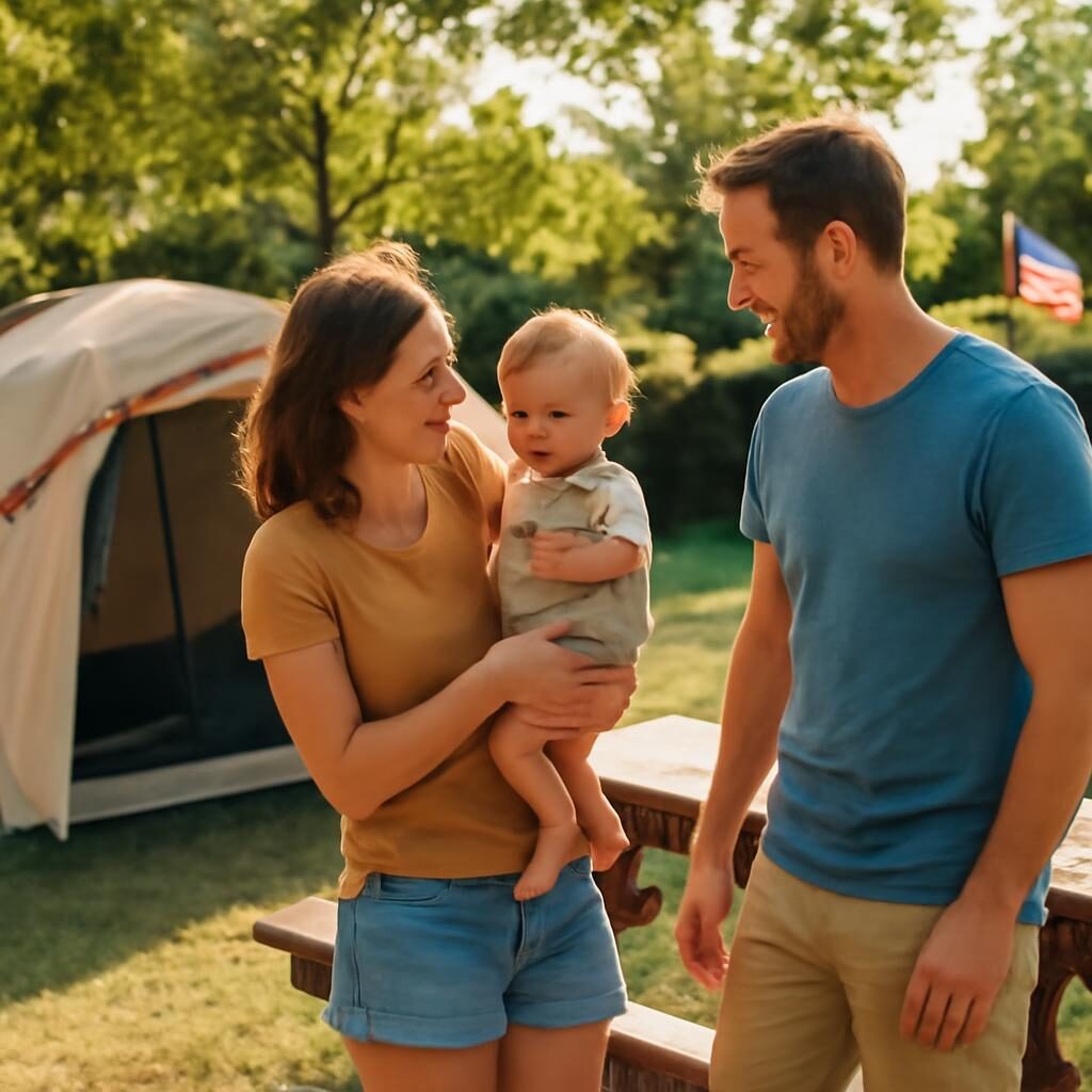 Parents avec bébé sur un camping familial sur la côte atlantique