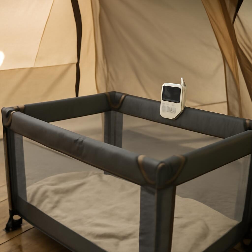 Lit parapluie installé à l'intérieur d'une grande tente familiale