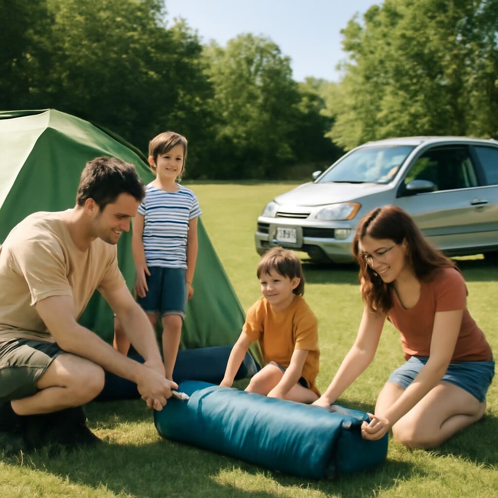 Famille française installant son campement sur une parcelle d'herbe
