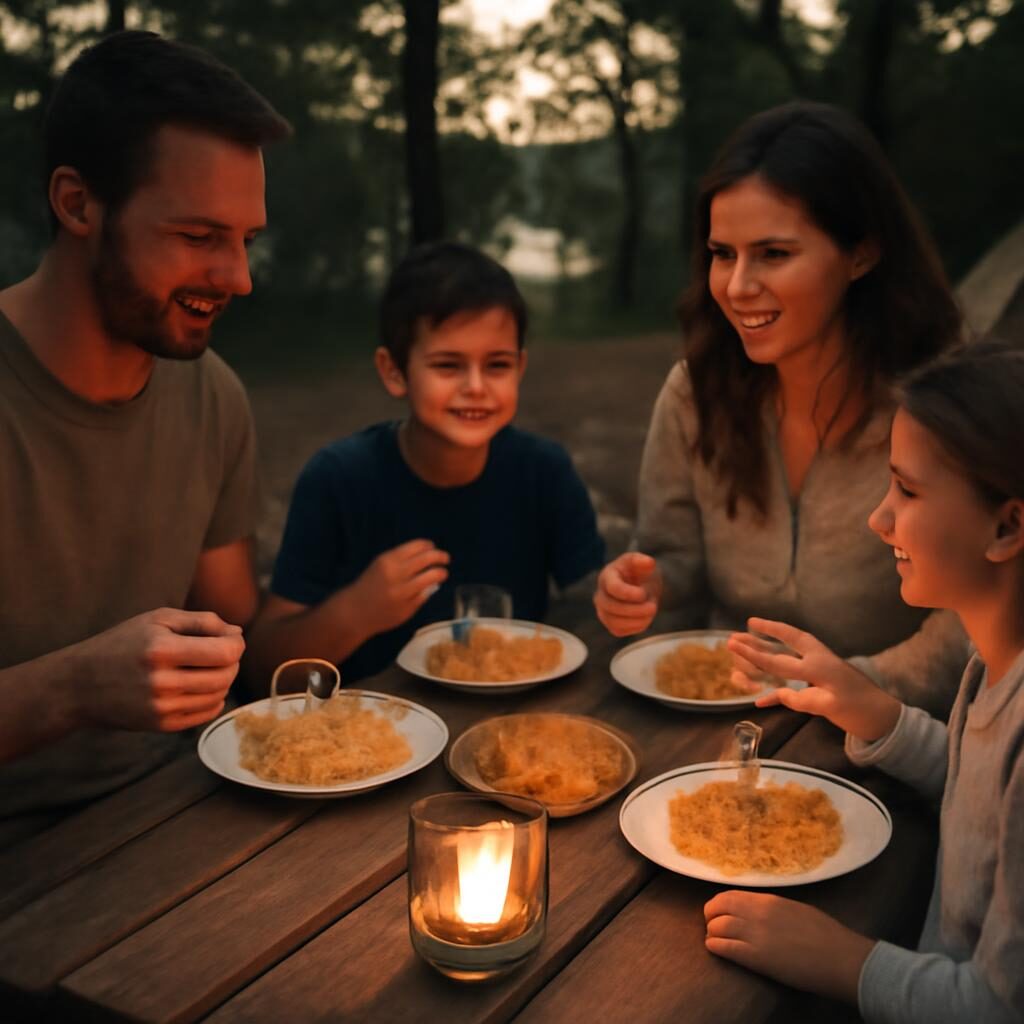 Dîner simple en famille à une table de pique-nique de camping