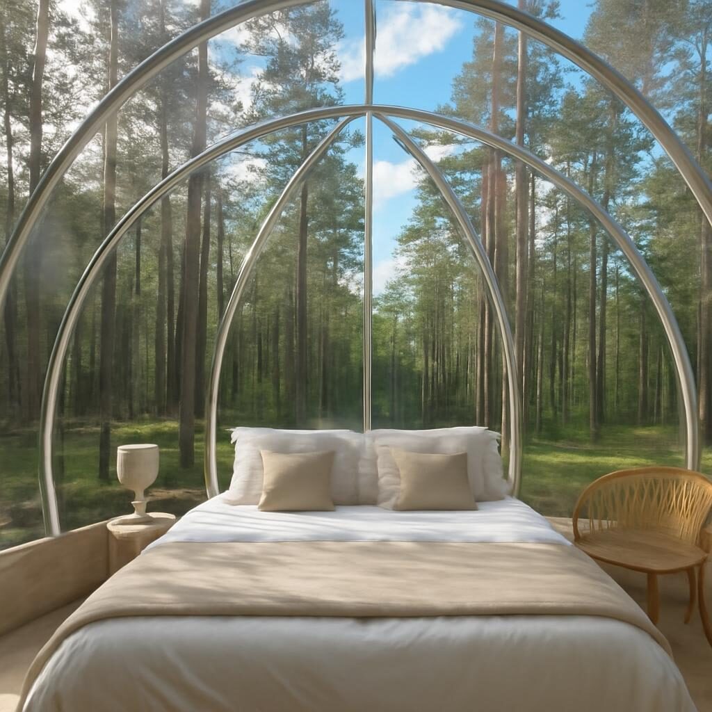 Interieur confortable d'une bulle de glamping avec lit double et vue sur foret