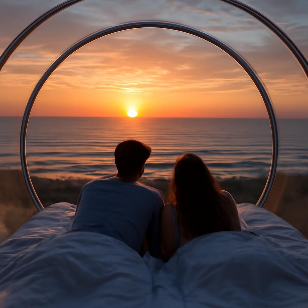 Couple dans une bulle transparente regardant le lever de soleil sur l'Atlantique