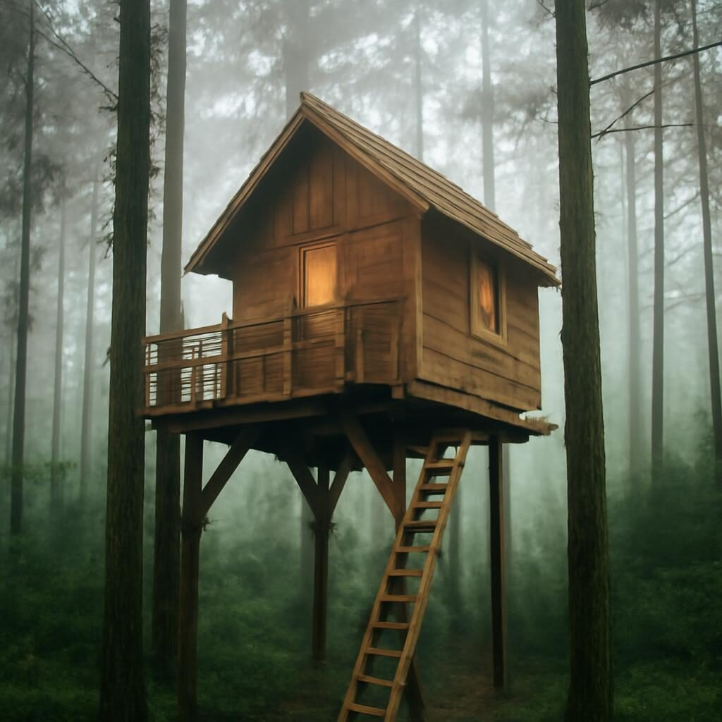 Cabane perchée dans les pins atlantiques avec plateforme en bois et échelle