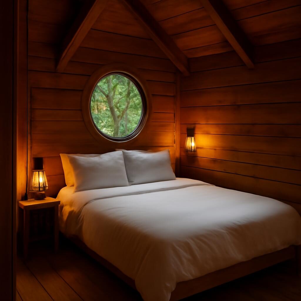 Intérieur cosy d'une cabane perchée avec lit, lanterne et hublot sur les arbres