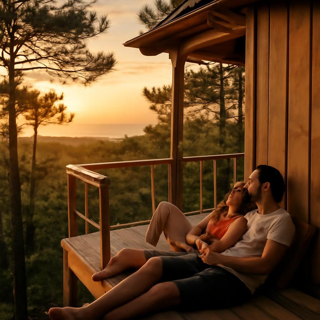 Couple sur la terrasse d'une cabane dans les arbres au coucher de soleil face à l'Atlantique