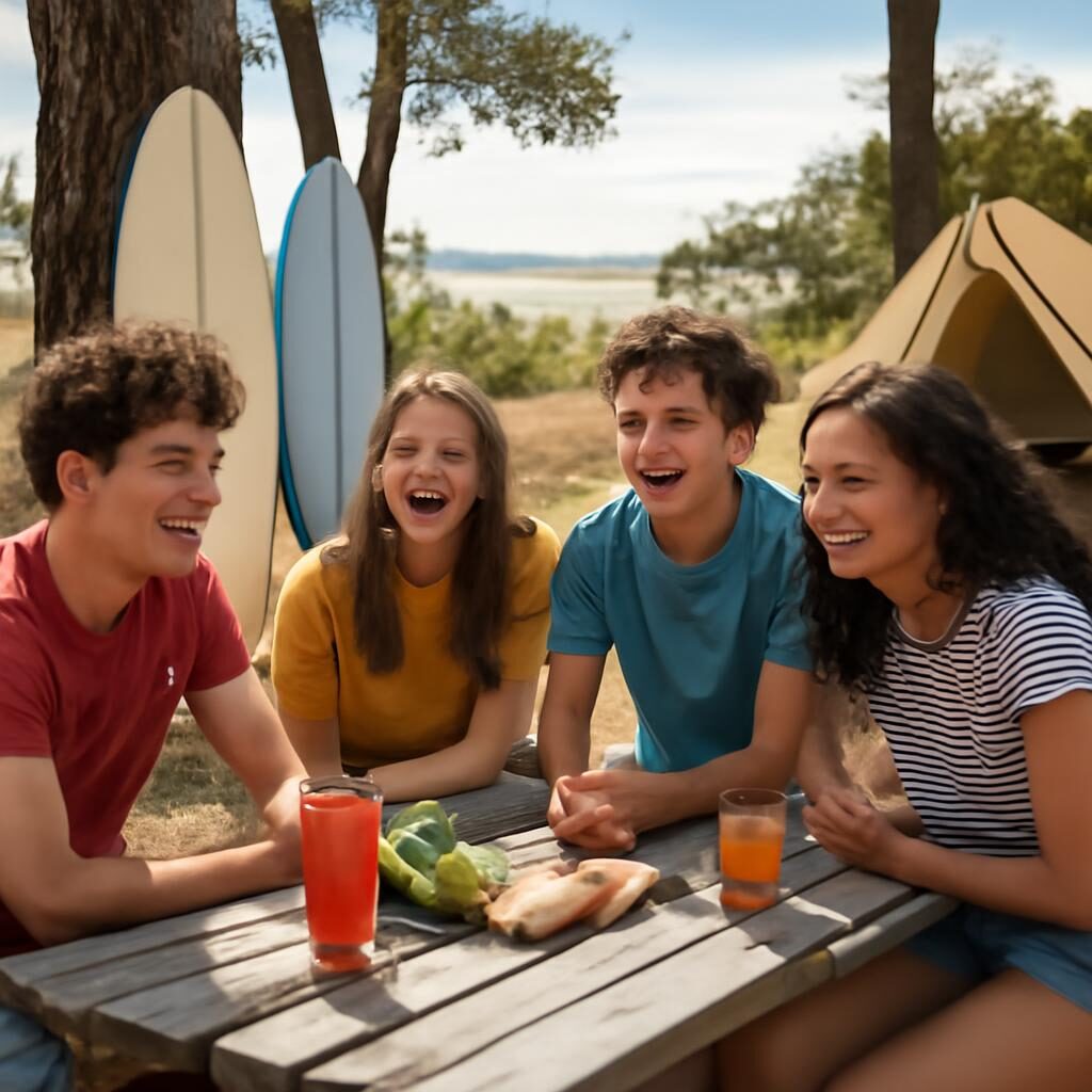 Groupe d'adolescents s'amusant autour d'une table de camping sur la côte atlantique