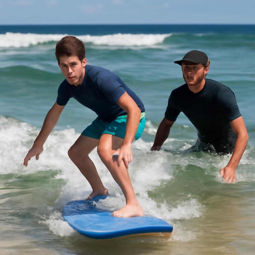 Adolescent apprenant le surf dans les vagues de l'Atlantique avec un moniteur