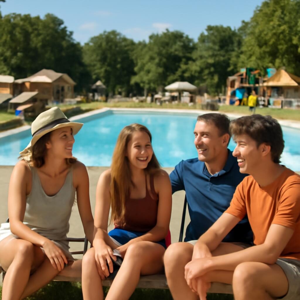 Famille avec adolescents profitant d'un camping premium avec piscine en été
