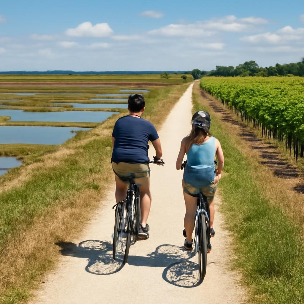 Cyclistes sur piste entre marais salants et vignes Île de Ré
