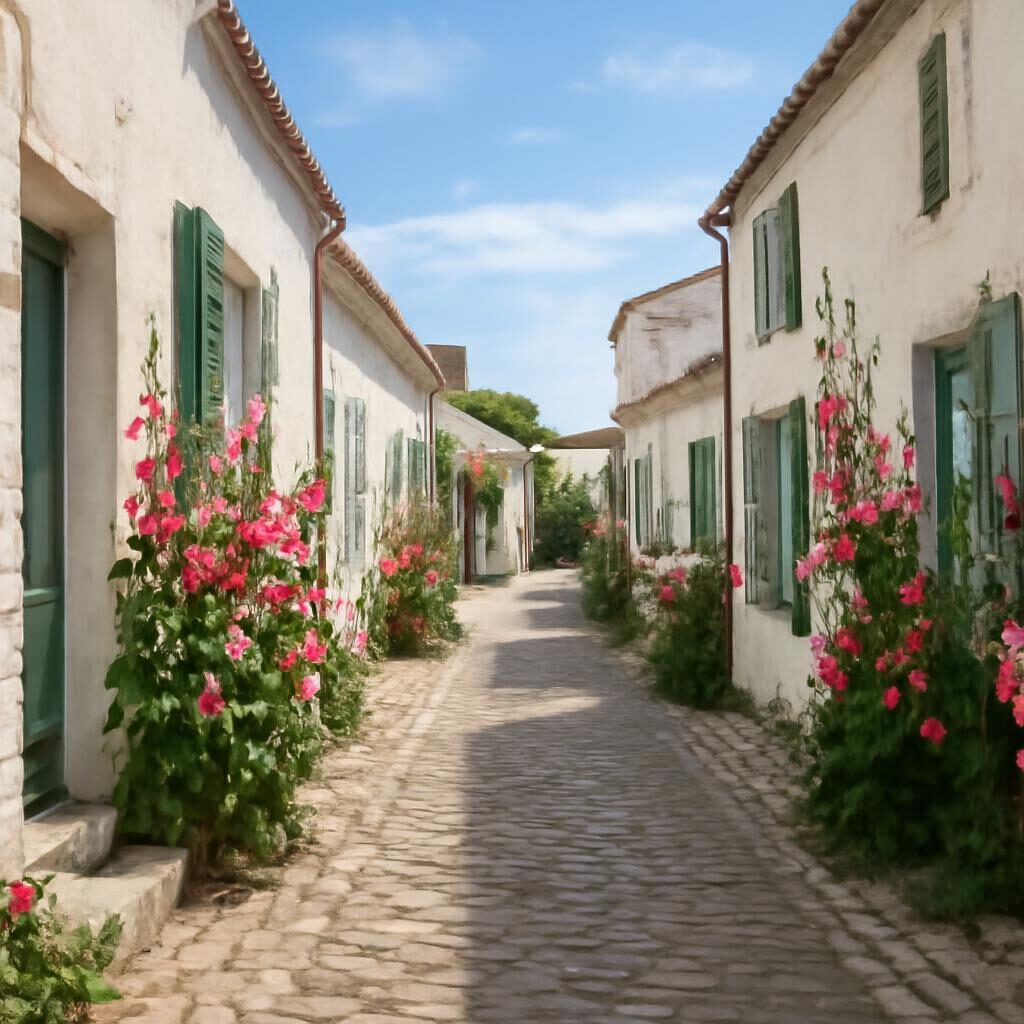 Rue de village traditionnel Île de Ré volets verts roses trémières