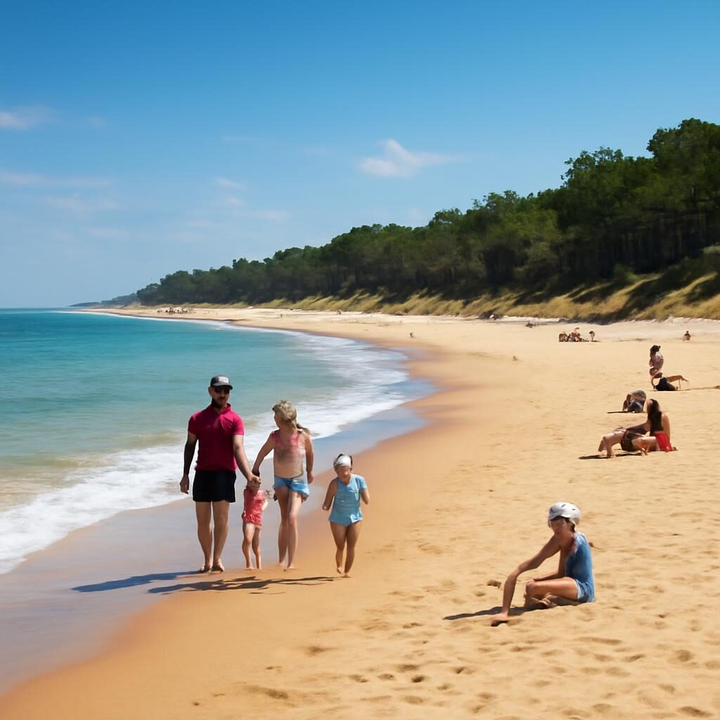 Plage de Vendée en été — sable fin, mer calme et familles en vacances