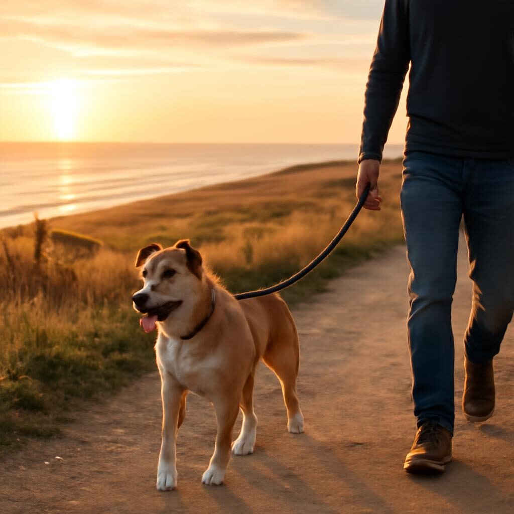 Chien en laisse avec son propriétaire sur un sentier côtier