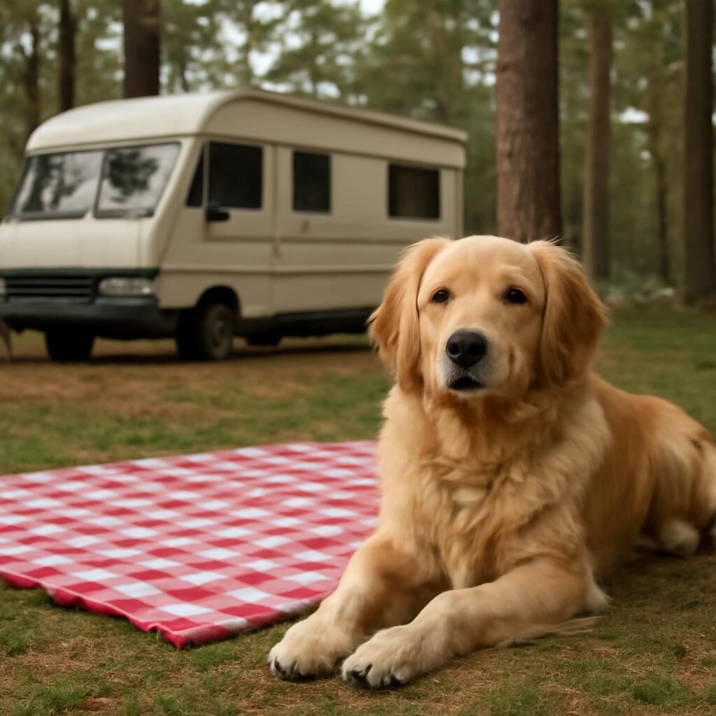 Chien détendu près d'un mobil-home en camping sous les pins