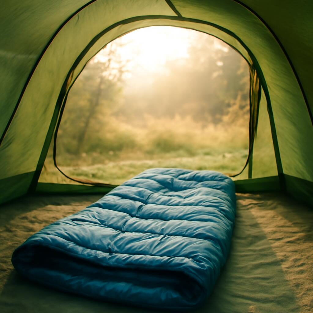 Duvet de camping pour l'été déroulé dans une tente avec lumière matinale