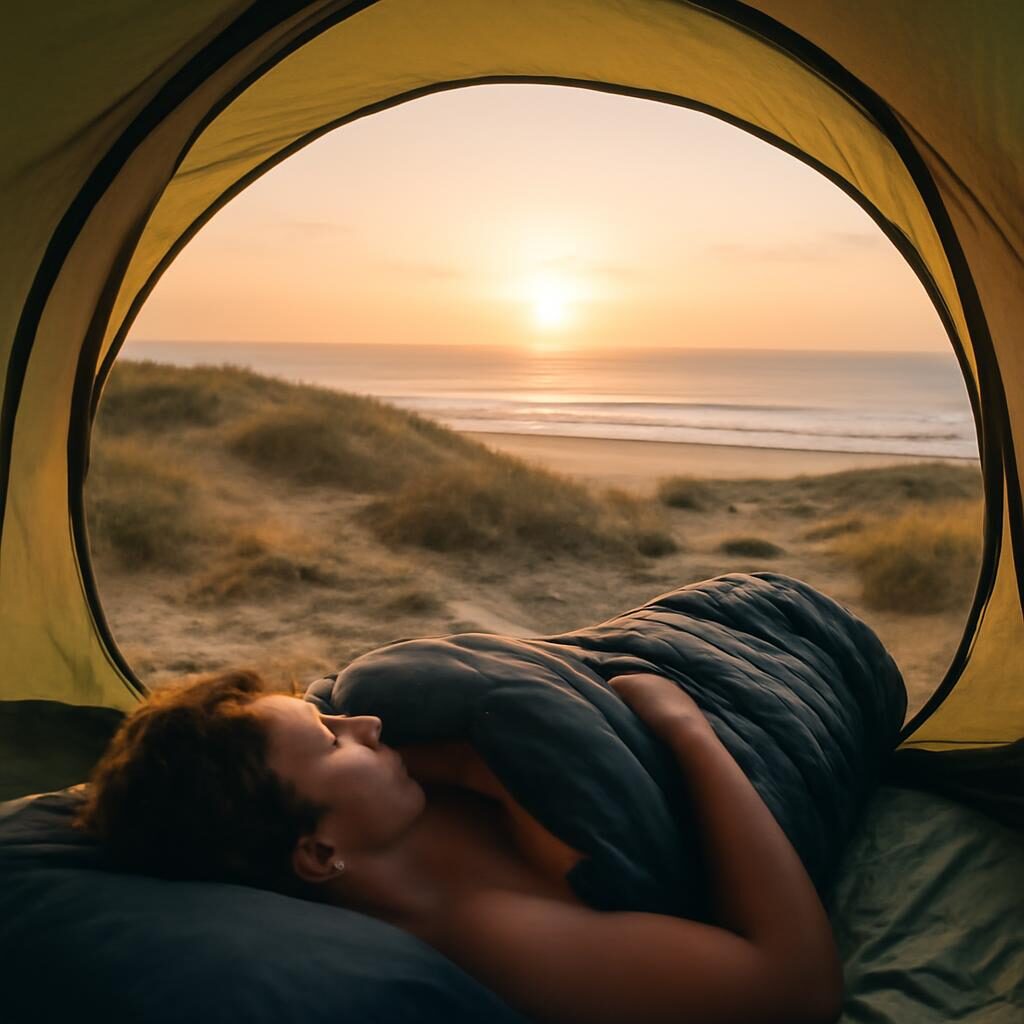Campeur au réveil dans son sac de couchage avec vue sur l'Atlantique