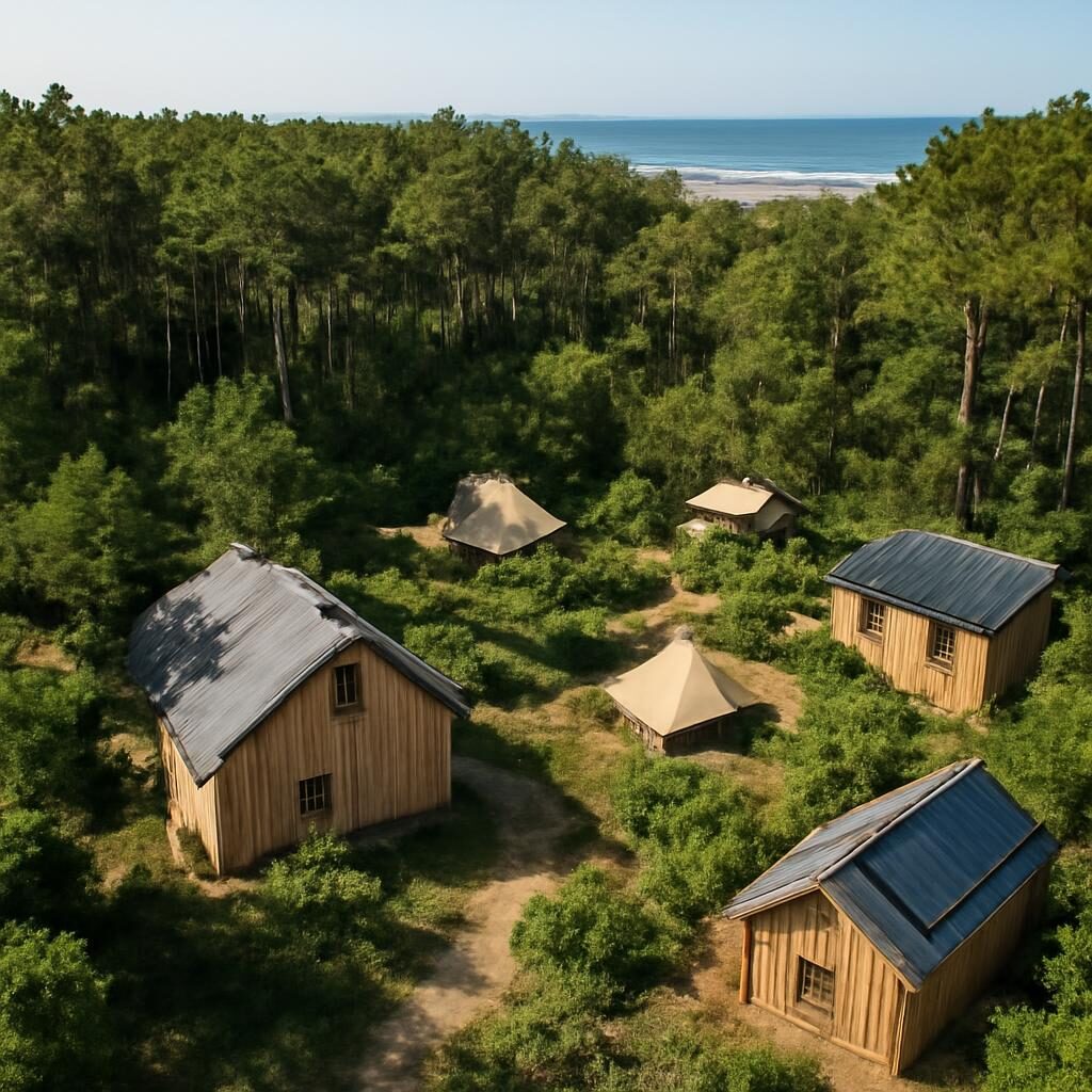 Camping écolabel vue aérienne dans la pinède atlantique avec cabanes bois et panneaux solaires