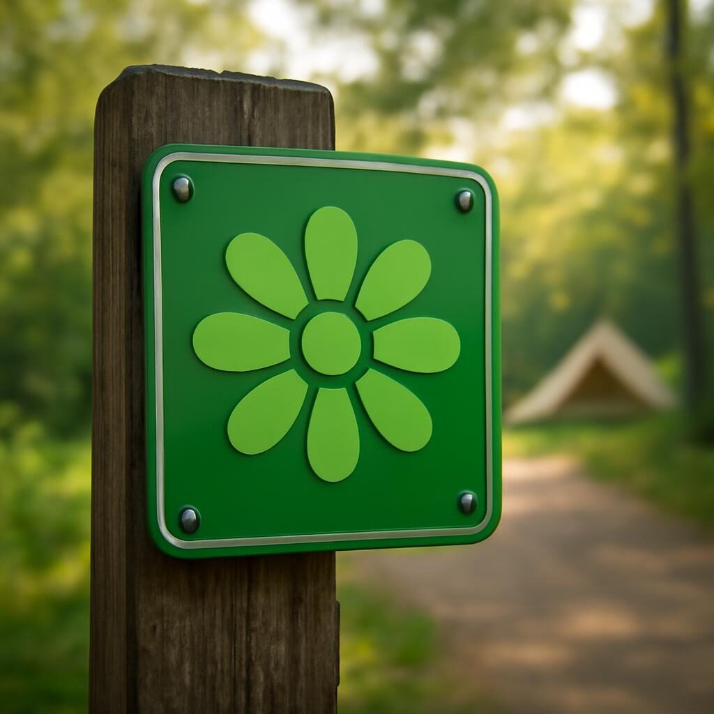 Panneau écolabel fleur européenne à l'entrée d'un camping éco-responsable