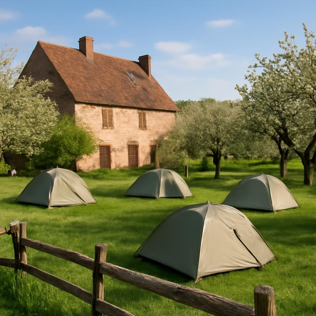 Tentes dressées dans un pré de verger devant une ferme bretonne traditionnelle