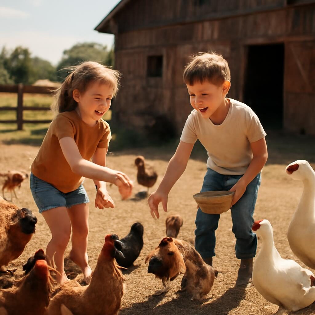 Enfants nourrissant les poules dans la cour d'un camping à la ferme