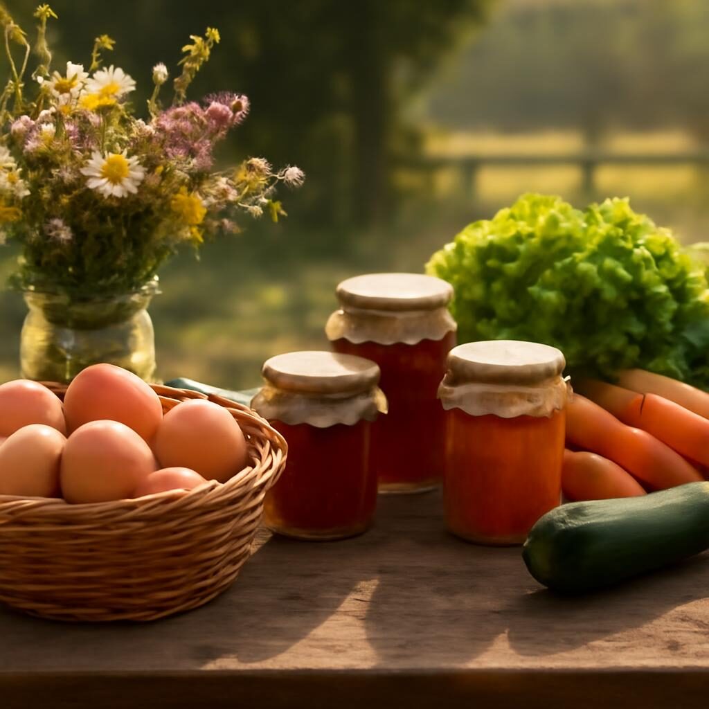 Étal de produits fermiers frais : oeufs, confitures, légumes au camping à la ferme