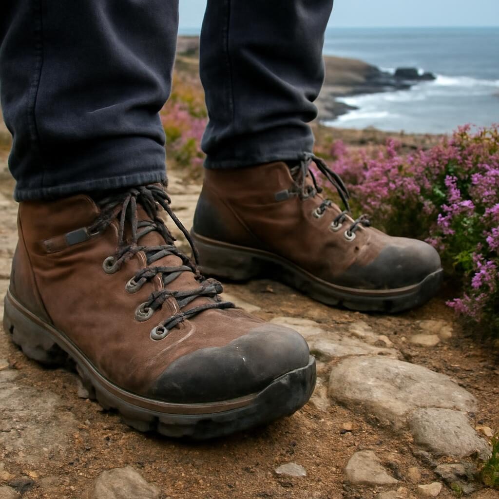 Chaussures de randonnée sur sentier côtier breton avec bruyère fleurie