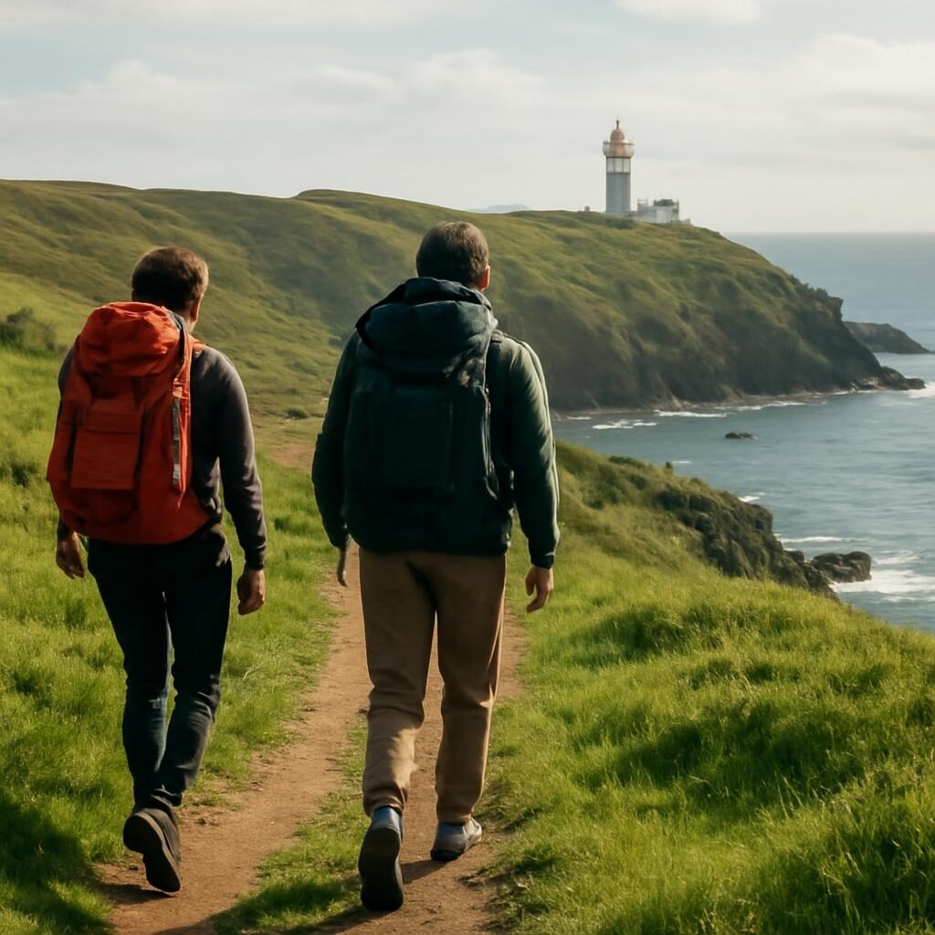 Randonneurs sur le GR34 avec phare et falaises atlantiques