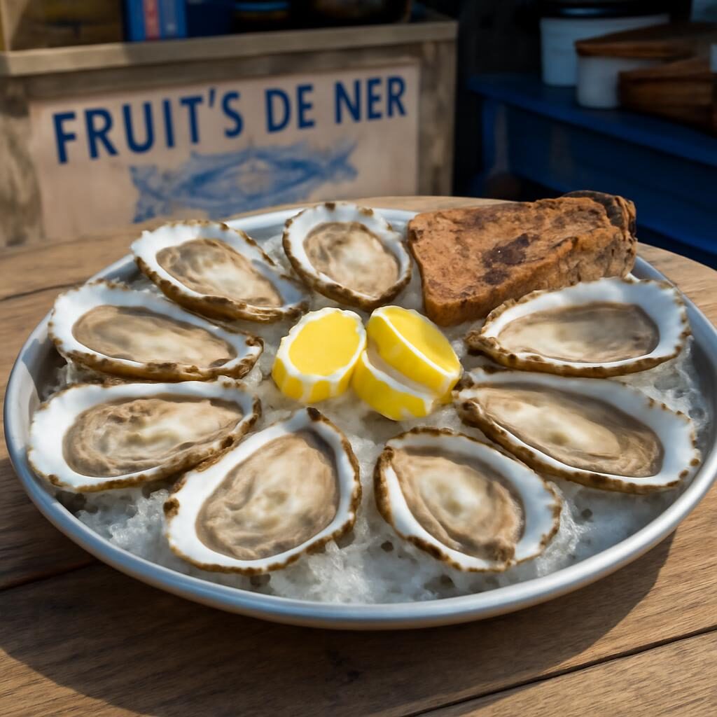 Plateau d'huîtres fraîches ouvertes avec citron et pain
