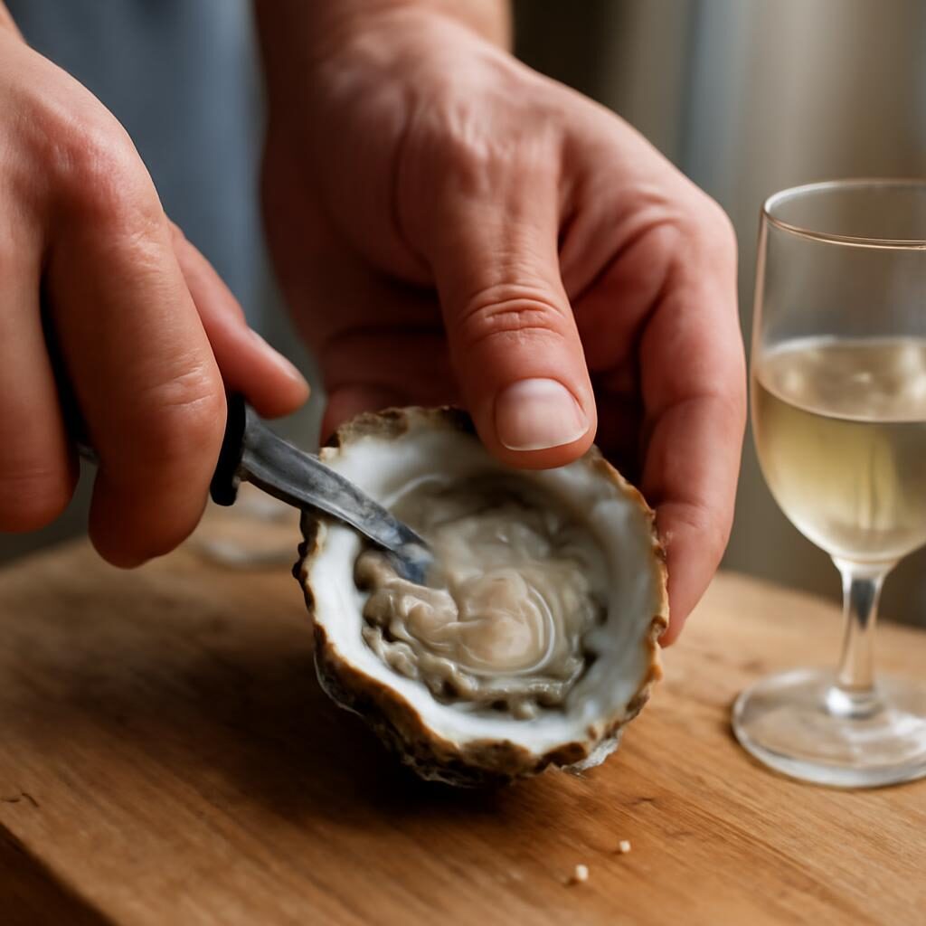 Gros plan sur l'ouverture d'une huître fraîche au couteau