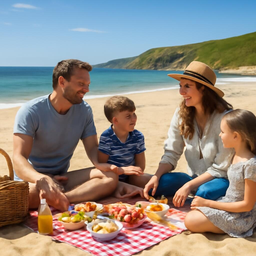 Famille en pique-nique sur plage atlantique sous le soleil de mai