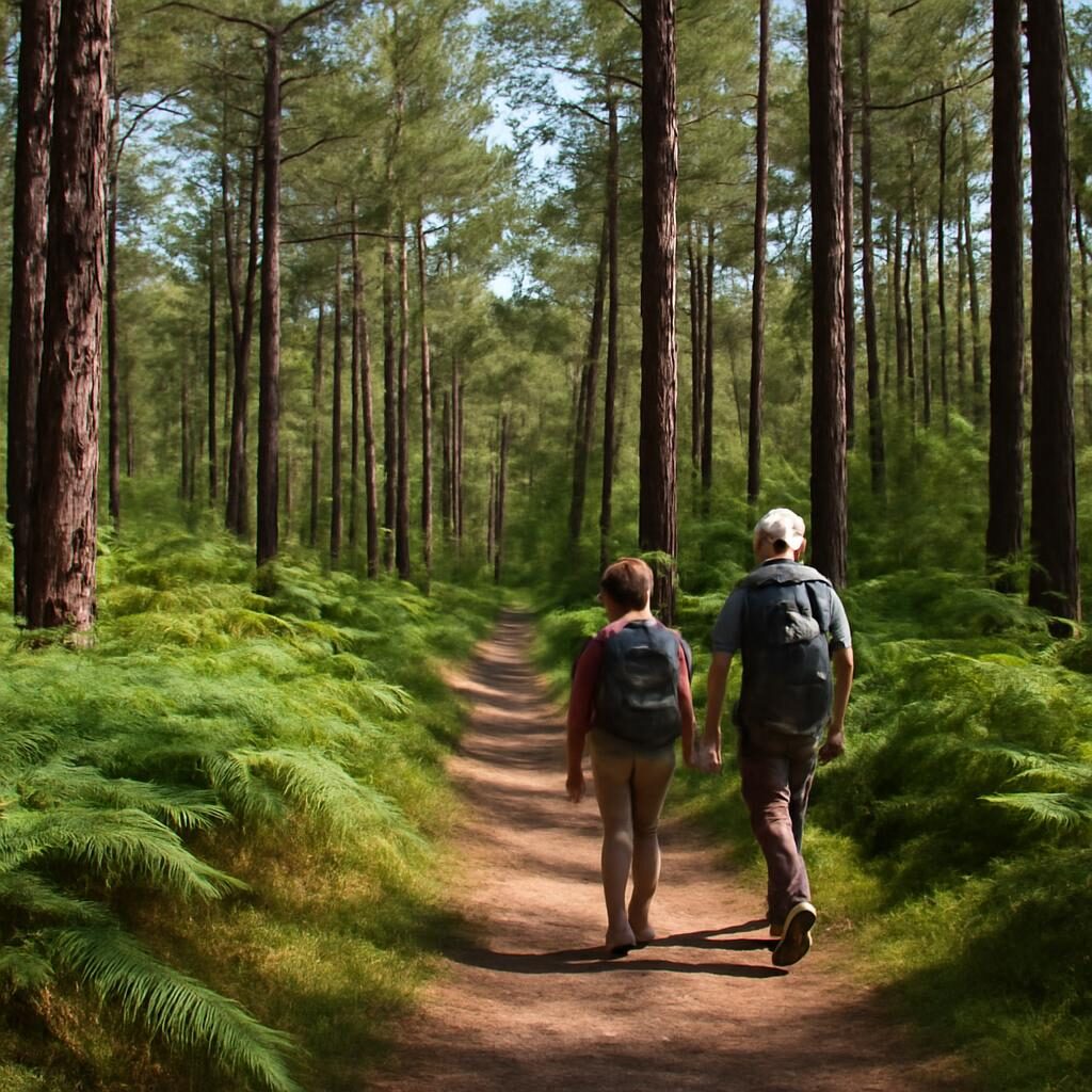 Randonneurs sur sentier dans le parc naturel du Medoc sous les pins