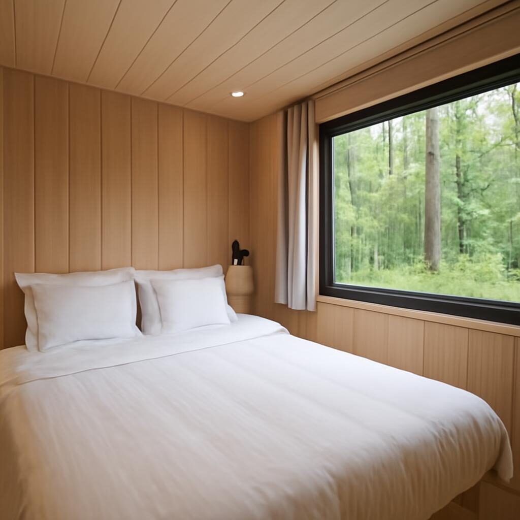 Intérieur moderne mobil-home chambre bois lit propre