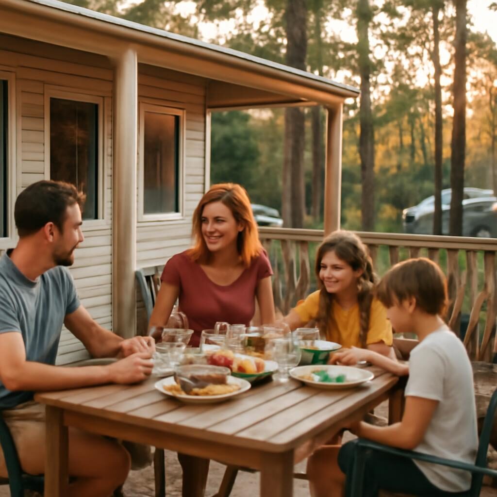 Famille repas terrasse mobil-home camping soir
