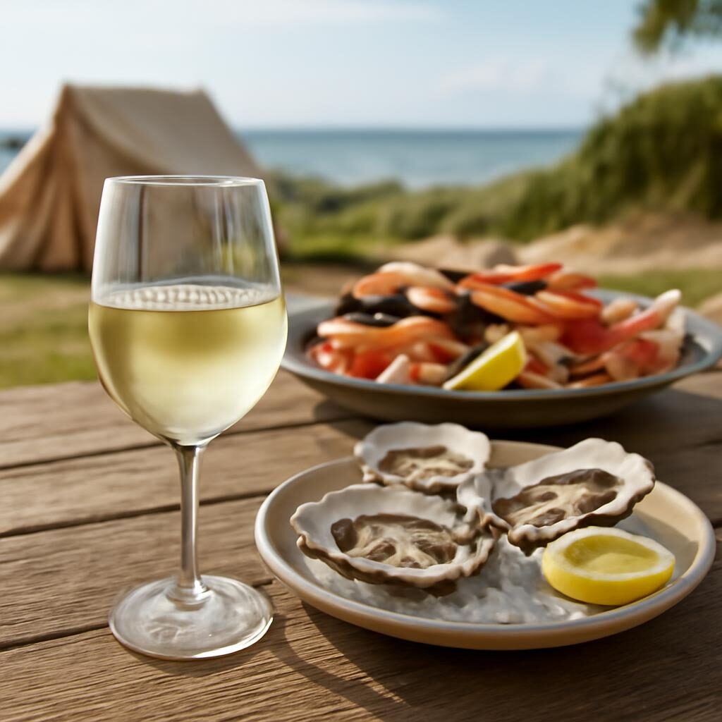Verre de Muscadet frais à côté d'une assiette d'huîtres sur une table de camping