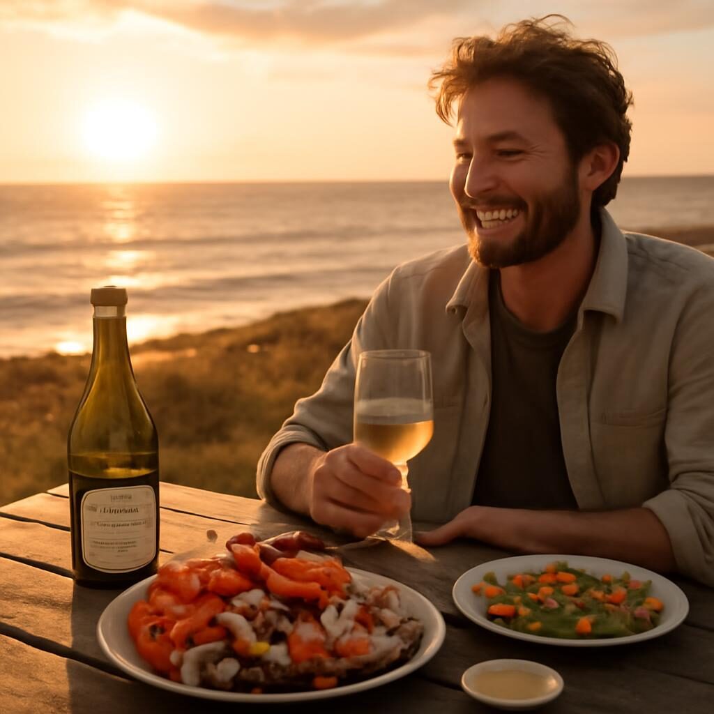 Campeur dégustant un Muscadet avec un plateau de fruits de mer au coucher du soleil