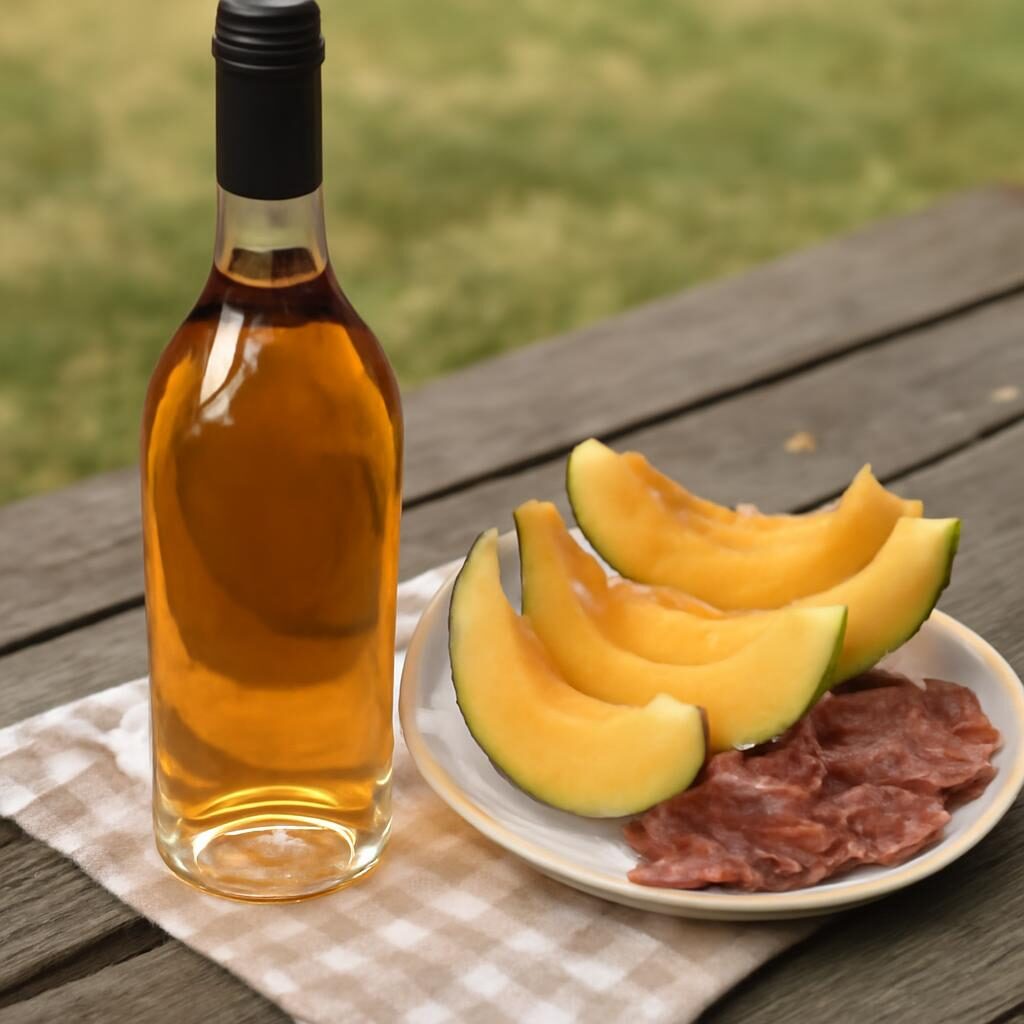 Bouteille de Pineau des Charentes avec melon et charcuterie