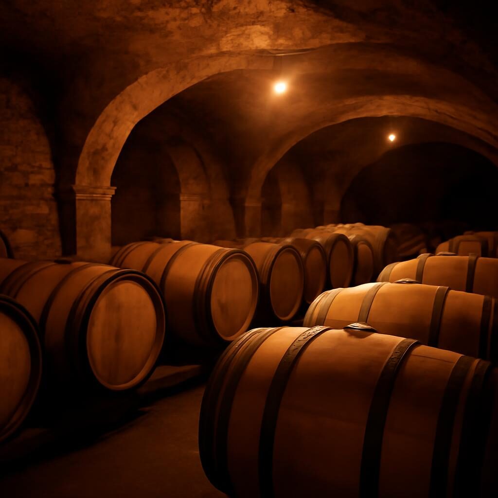 Cave de vieillissement avec fûts de chêne de Pineau des Charentes