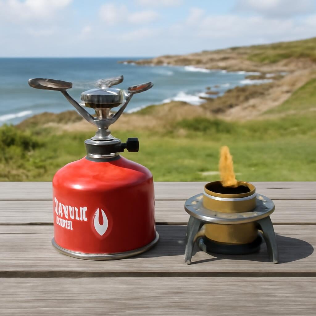 Réchaud gaz camping comparé à un réchaud à alcool sur table de camp