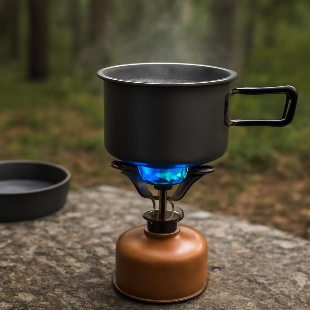 Réchaud gaz compact avec flamme bleue chauffant une casserole en camping