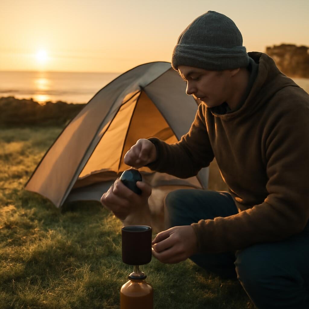 Campeur préparant un café sur réchaud gaz au lever du soleil sur la côte atlantique