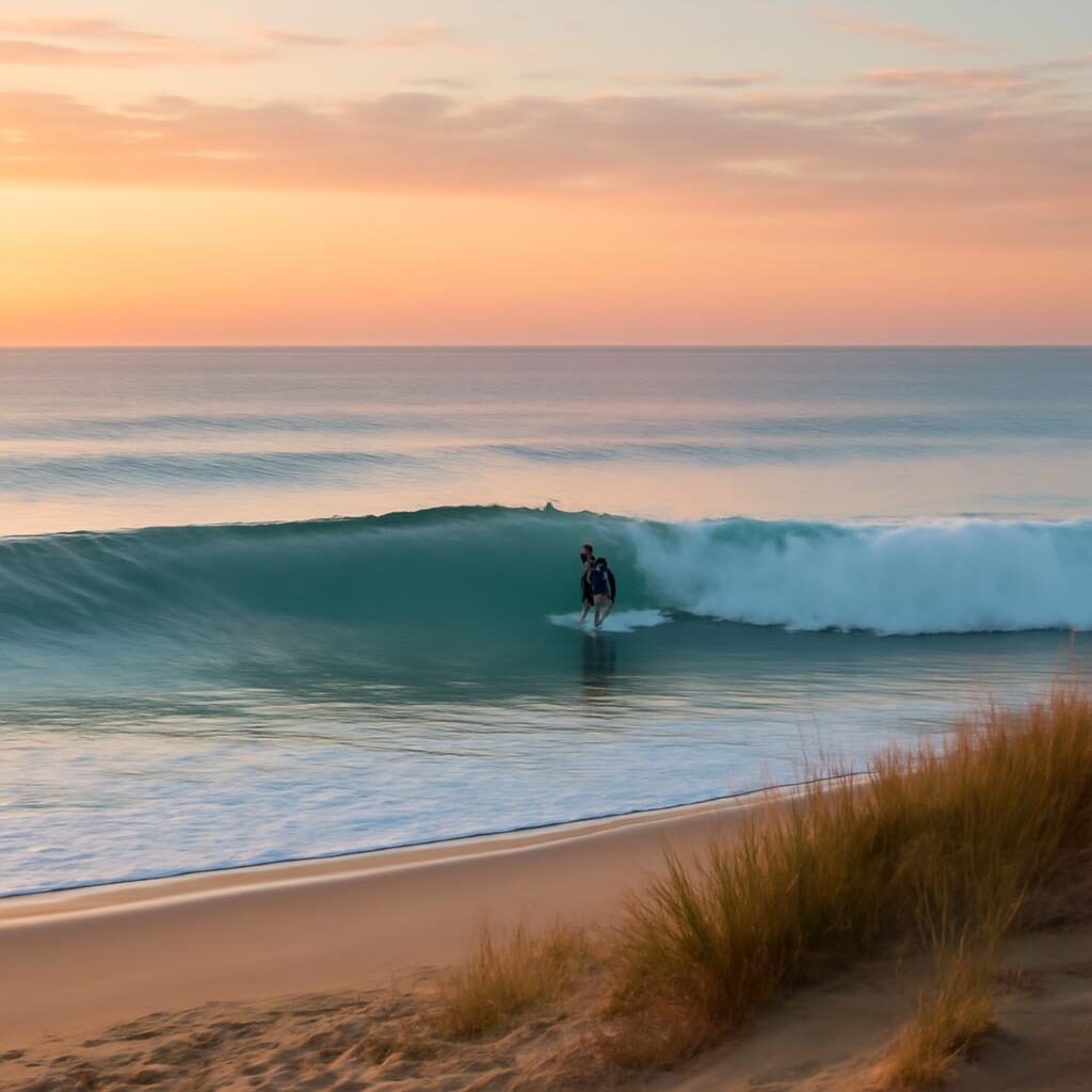 Surfeur glissant sur une vague atlantique au lever du soleil