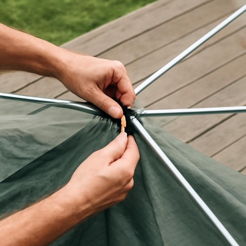 Détail du montage des arceaux d'une tente familiale