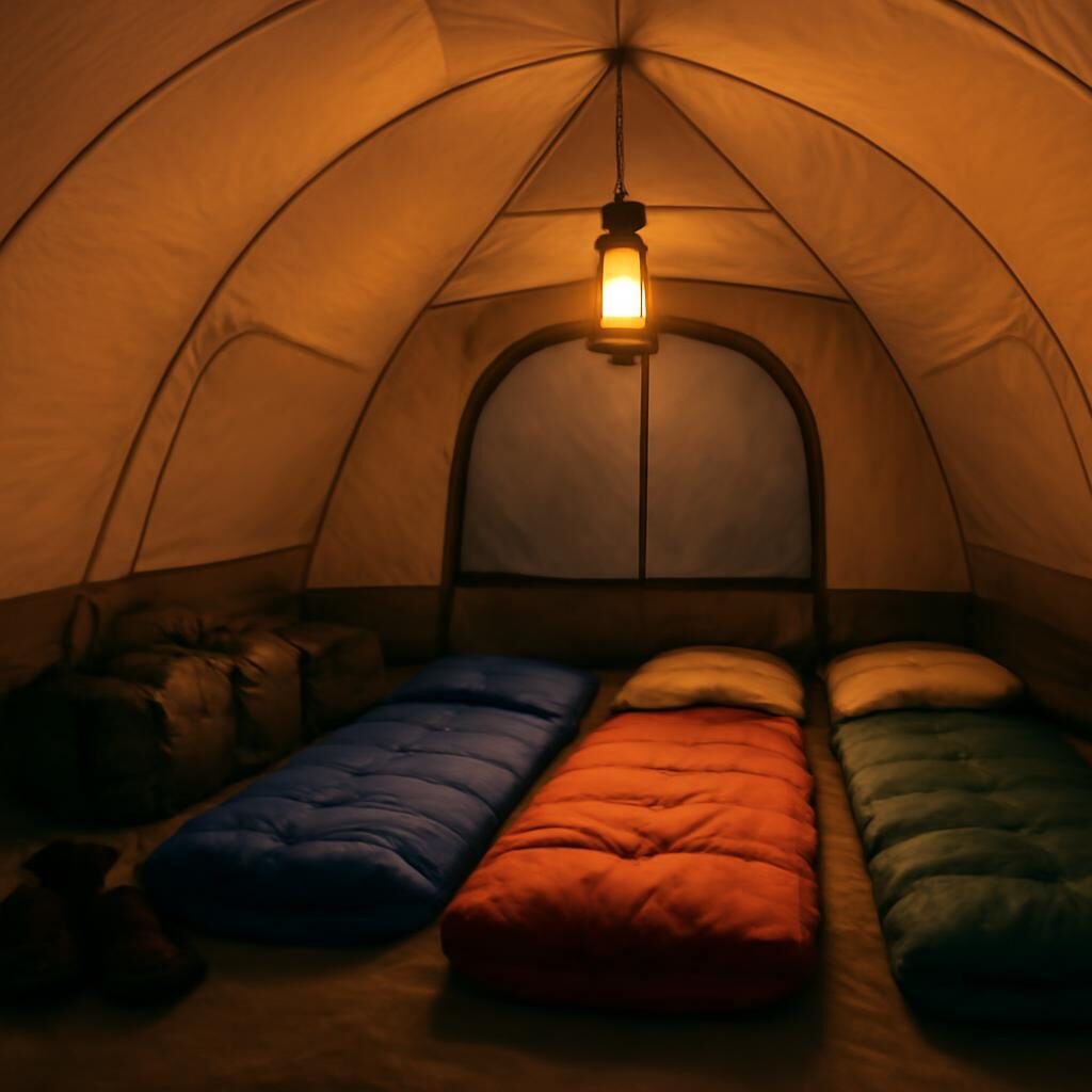 Intérieur chaleureux d'une tente familiale avec duvets et lanterne