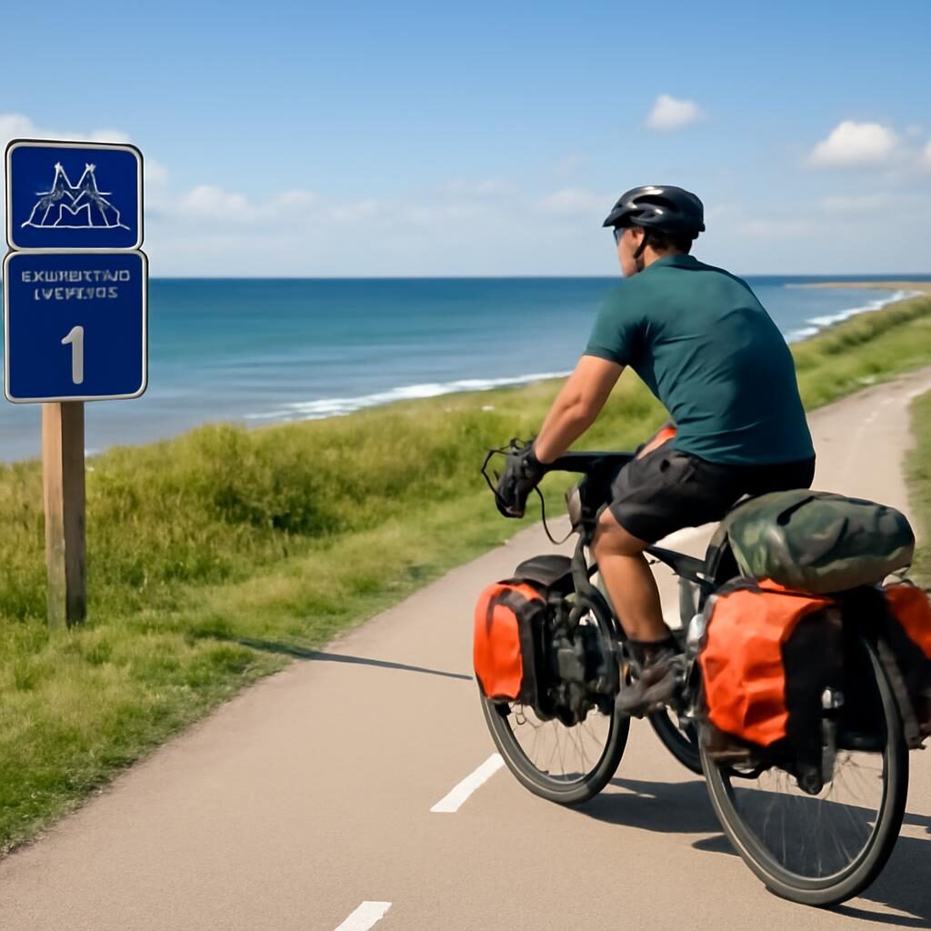 Cycliste en voyage sur la Vélodyssée EuroVelo 1, côte atlantique française