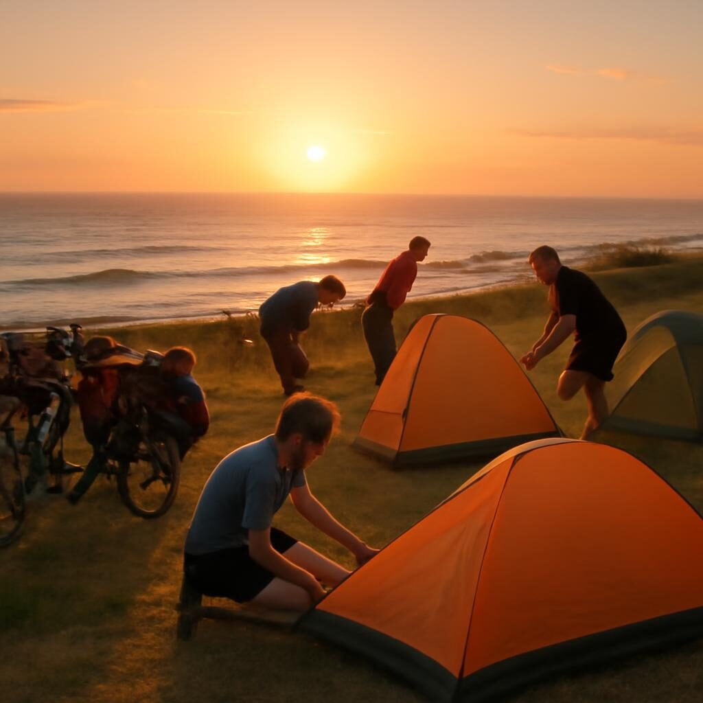 Cyclistes installant leur camp au coucher du soleil sur la côte atlantique